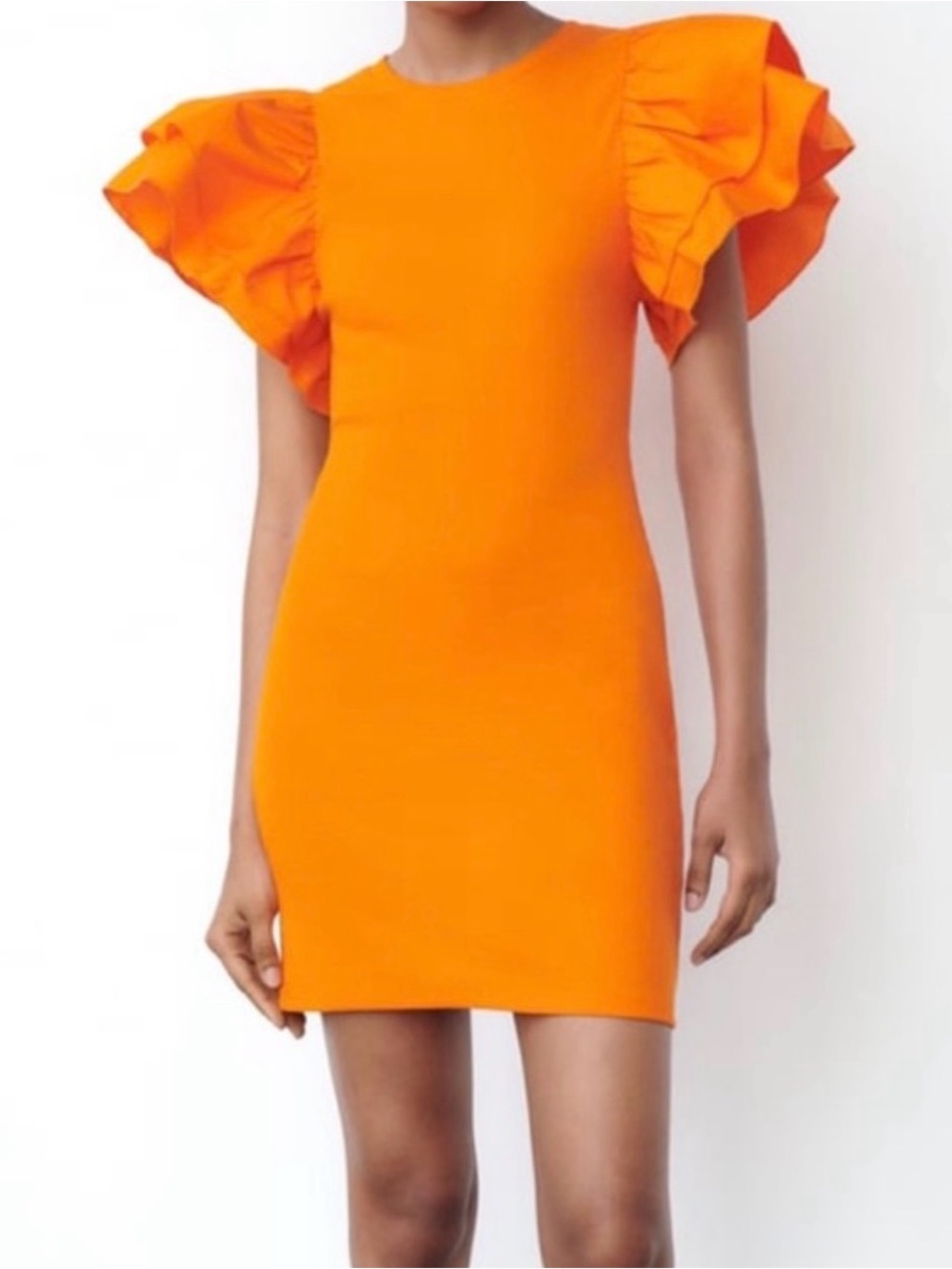 Zara Orange Ruffle Sleeve Ribbed Mini Dress